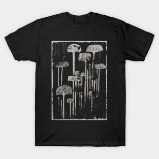 Primitive Mushrooms Abstract Distressed grunge Linocut Design T-Shirt